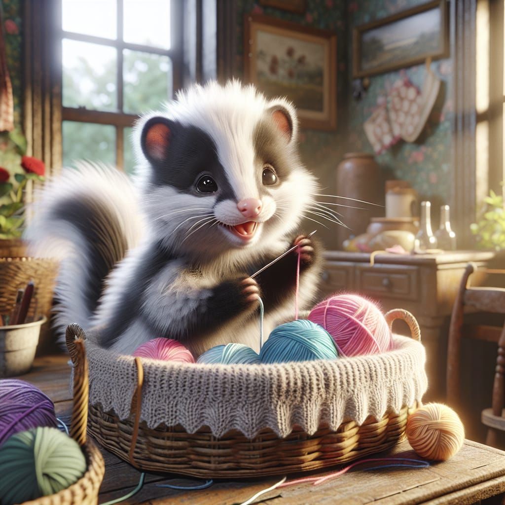 Cute Skunk Kit Plays in Sunny Kitchen