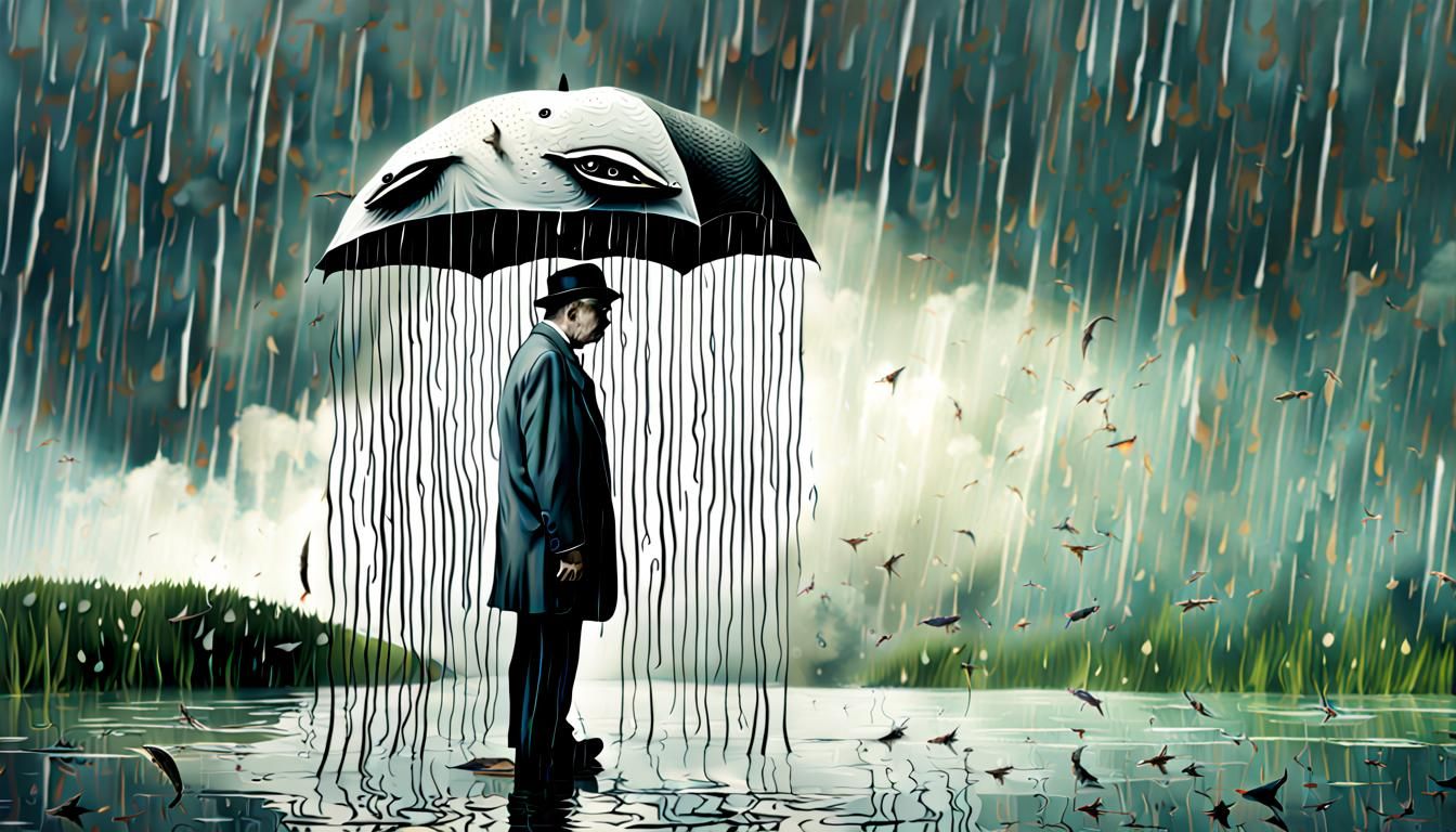 Surreal Absurdist Rain with Half-Man Half-Fish Creature