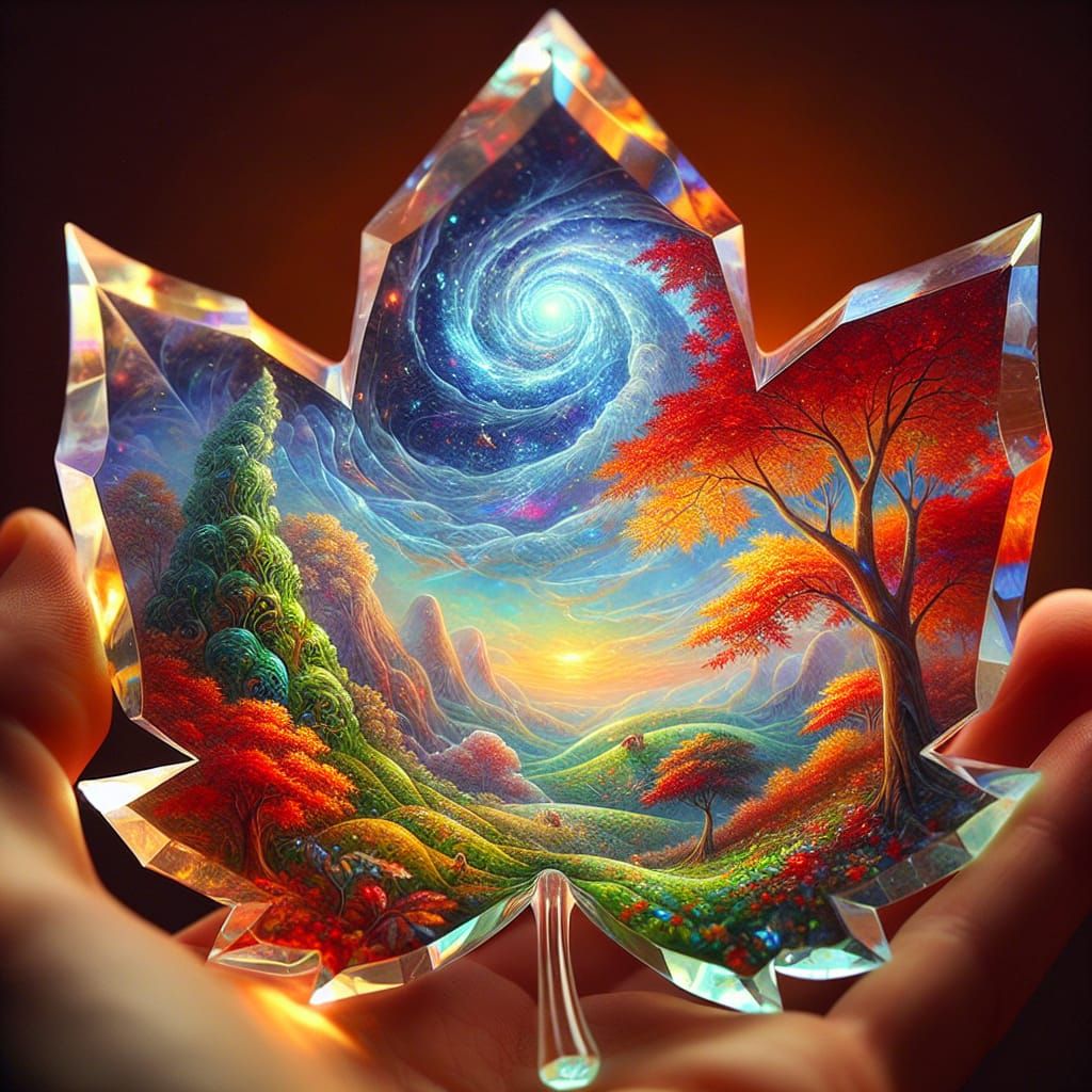 Crystalline Autumn Leaf Reflecting a Fantasy Landscape
