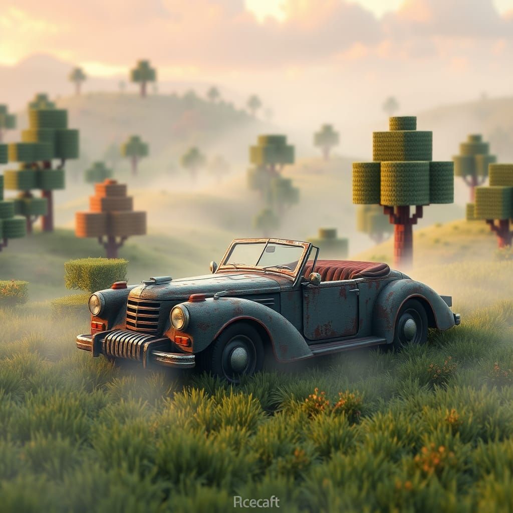 Vintage Car in Minecraft Landscape, Painterly Style