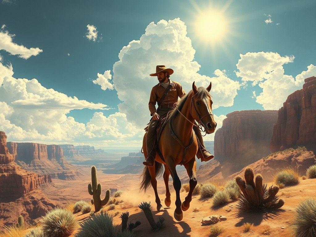 Cowboy Rides Through Canyon in Western Art Style