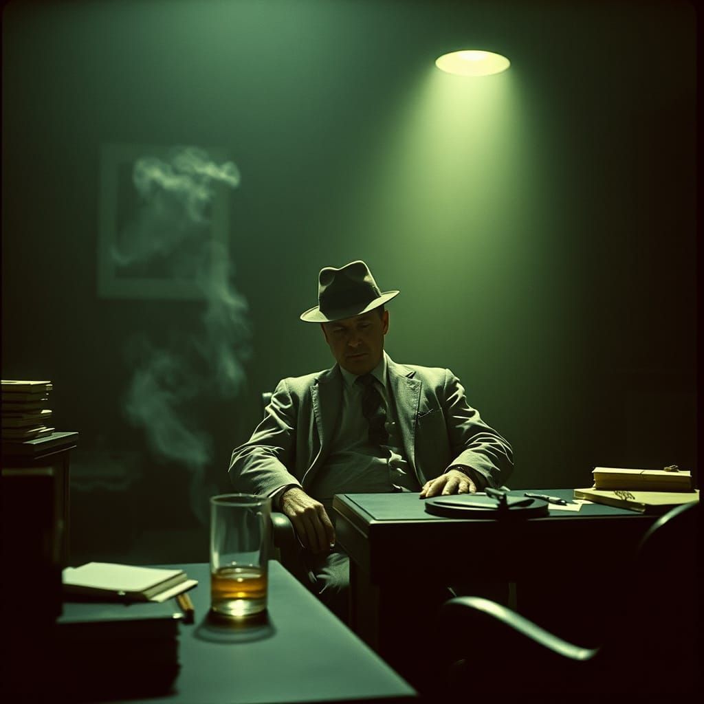 Film Noir Detective in Dimly Lit Office