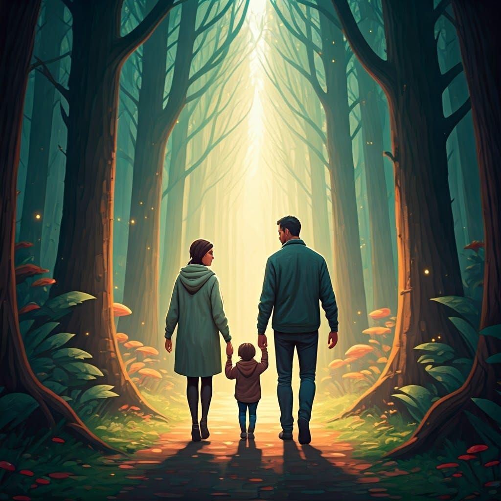 Idyllic Family Stroll Through Mystical Forest in Vibrant Col...