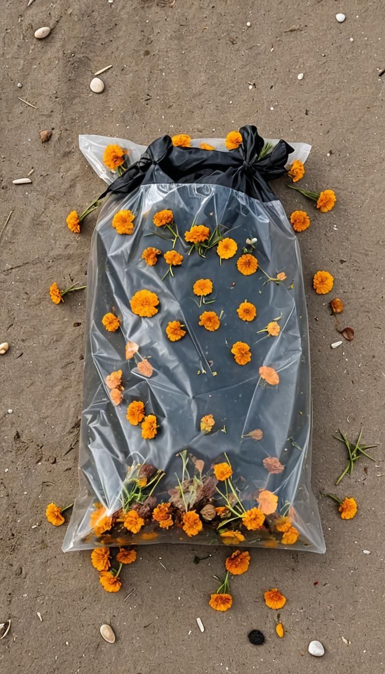 Washed-Up Marigolds in Plastic Bag