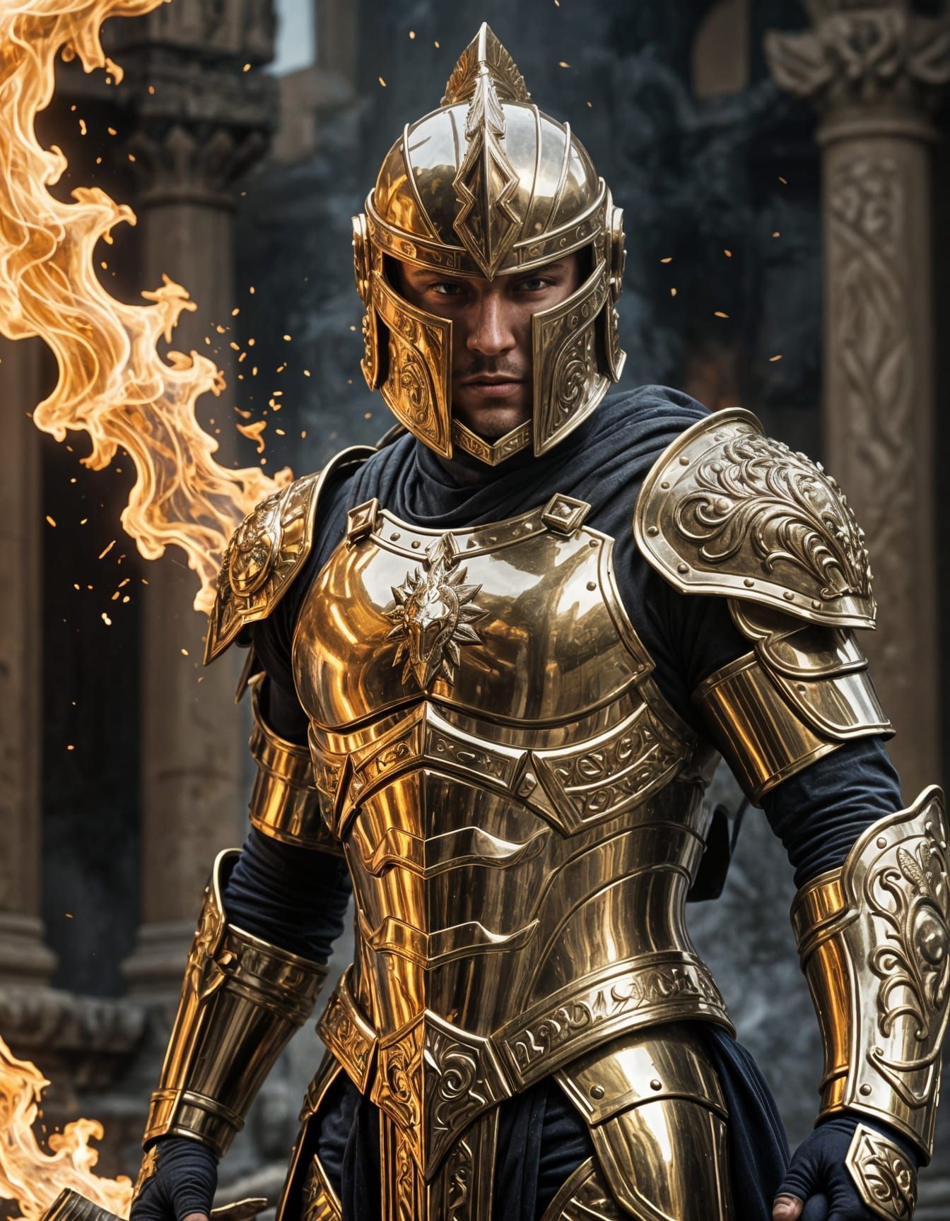 Spartan Warrior in Inferno: Dramatic Golden Armor