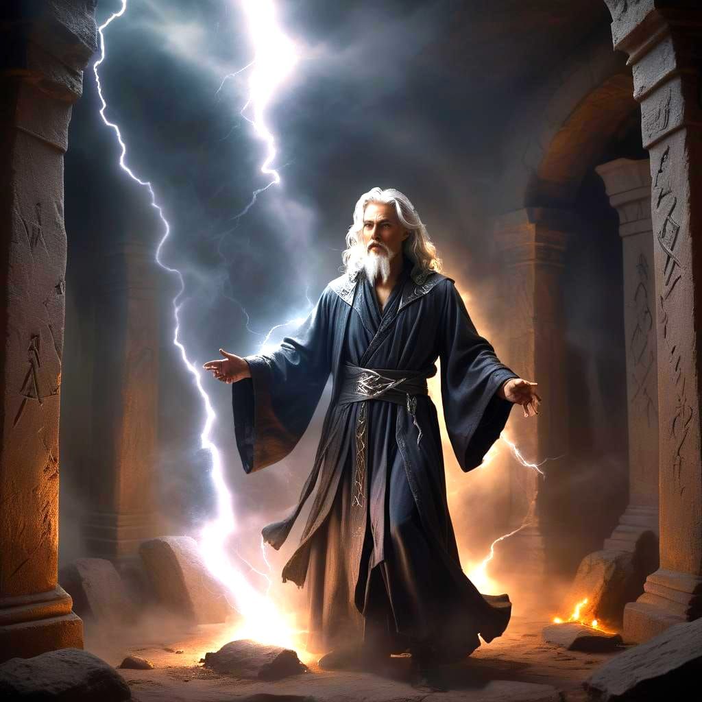 Wizard Casting Lightning Spell in Deadly Tomb as Oil Paintin...