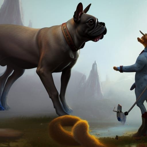 French Bulldog Barks at Well-Dressed Centaur