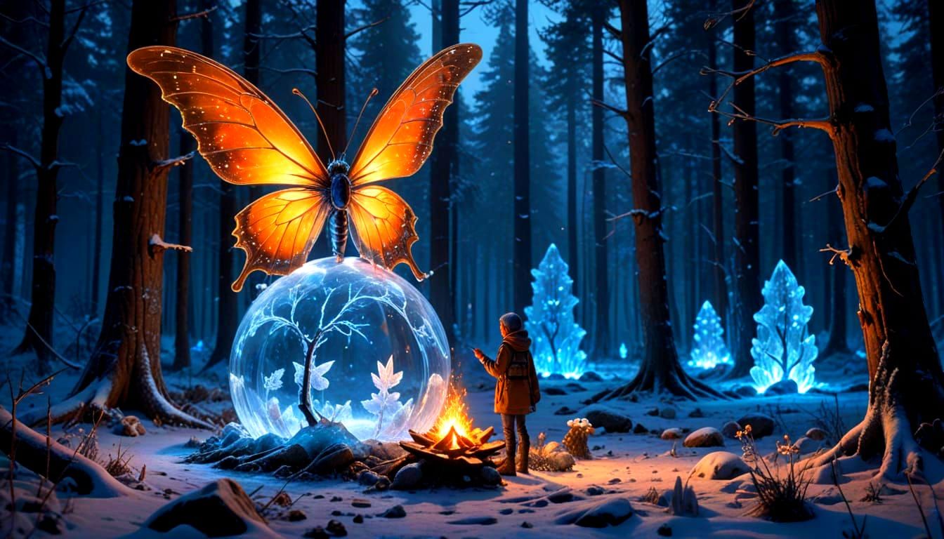 Frozen Dreamscape with Ethereal Tents and Magical Creatures