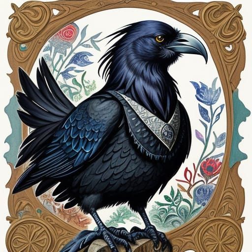 Raven in Elegant Waistcoat Amidst Vibrant Folk Art Scene