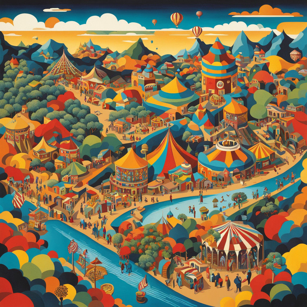 Escher-Inspired Traveling Circus in Vibrant Landscape