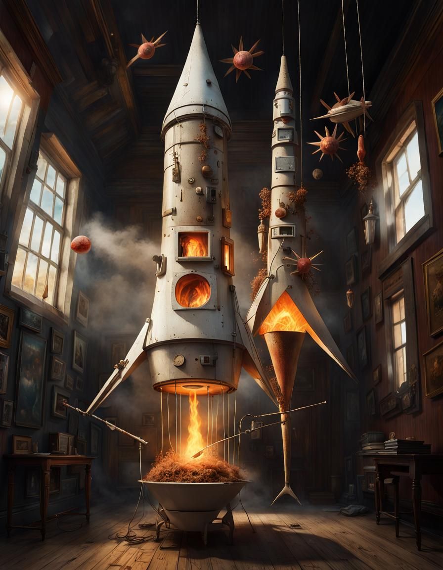 Magical Rockets of Energy in Surreal Landscape