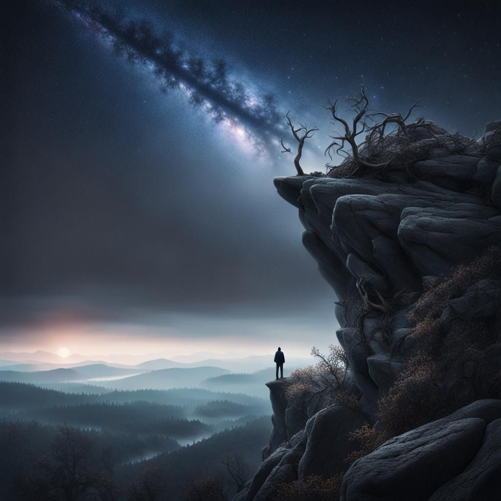 Dramatic Landscape: Figure Overlooking Misty Starry Forest