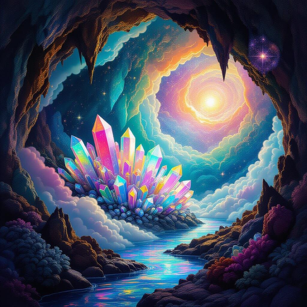 Mystical Cave with Iridescent Crystals in Mixed Media