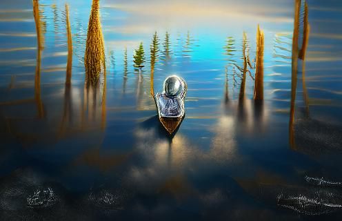 Lone Boat on Mountain Lake