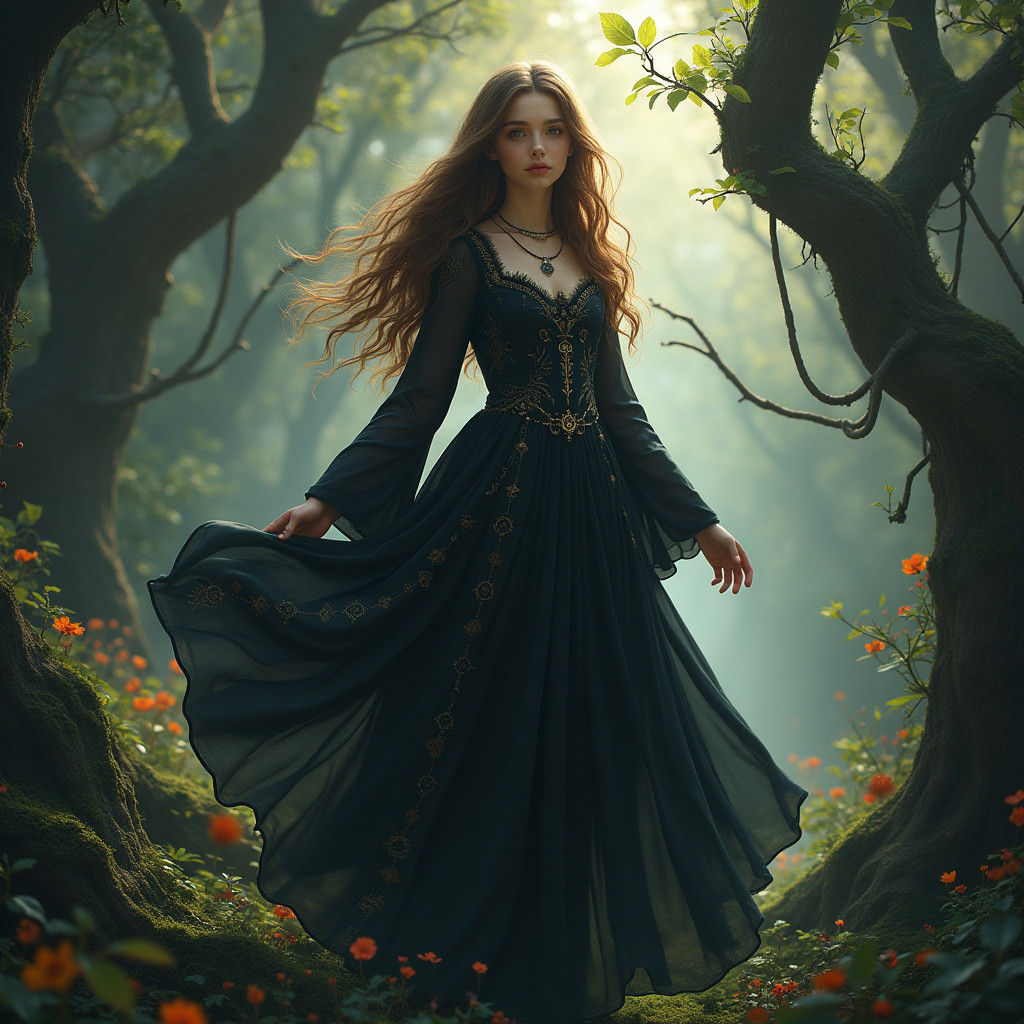 Mystical Girl in Enchanted Forest, Matte Painting