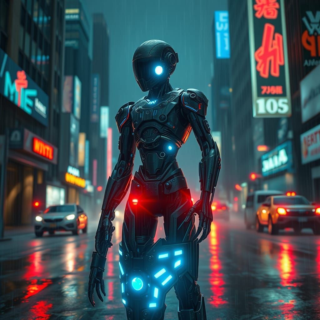 Cyberpunk Android Stands Amidst Neon Cityscape