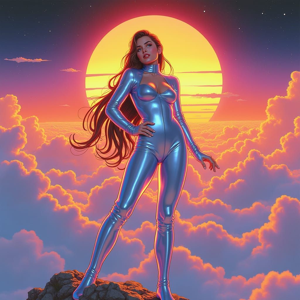 Retro-Futuristic Sunset Landscape with Holographic Woman