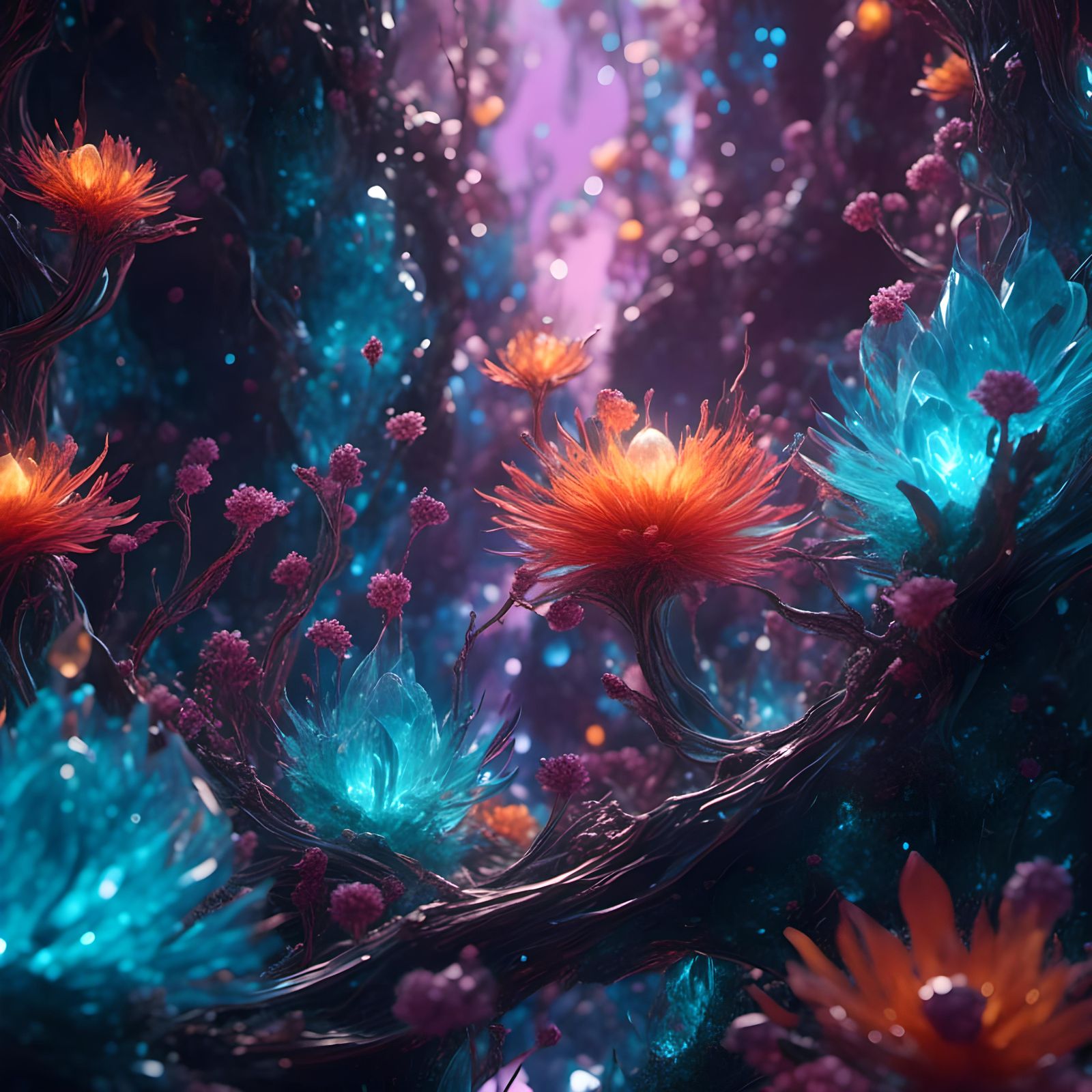 <lora:eye:1.0> <lora:Liquid Crystal Lotus:1.0> a plant called tangled bloom, science fiction, bright color