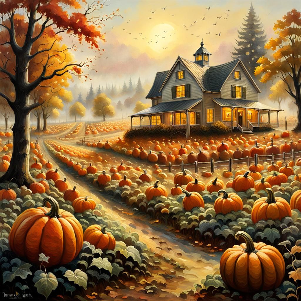 Autumnal Pumpkin Patch Landscape in Oil Painting Style
