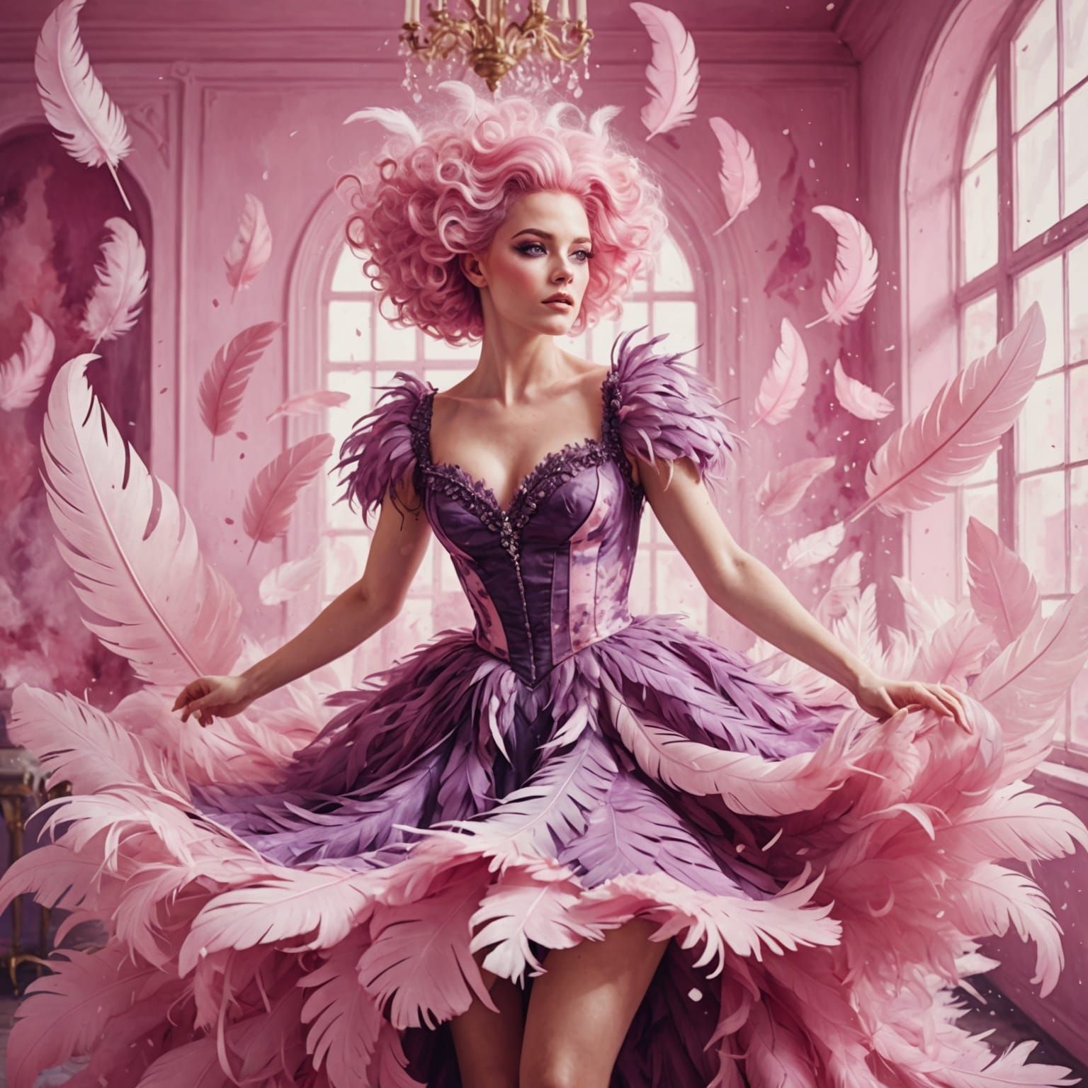 Pink Haired Woman Spinning in Watercolor Style