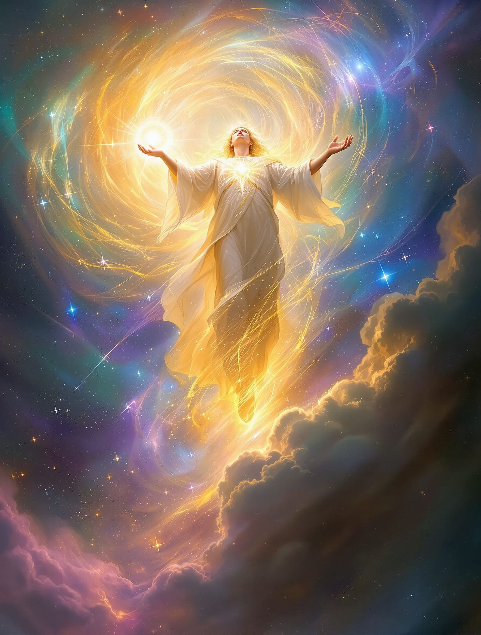 Celestial Being Ascends Through Nebula in Epic Fantasy Style
