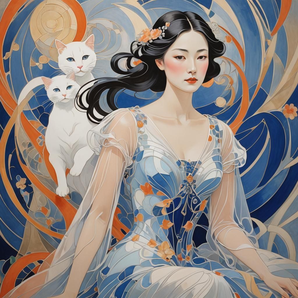 Elegant Lady with White Cat in Art Nouveau Style