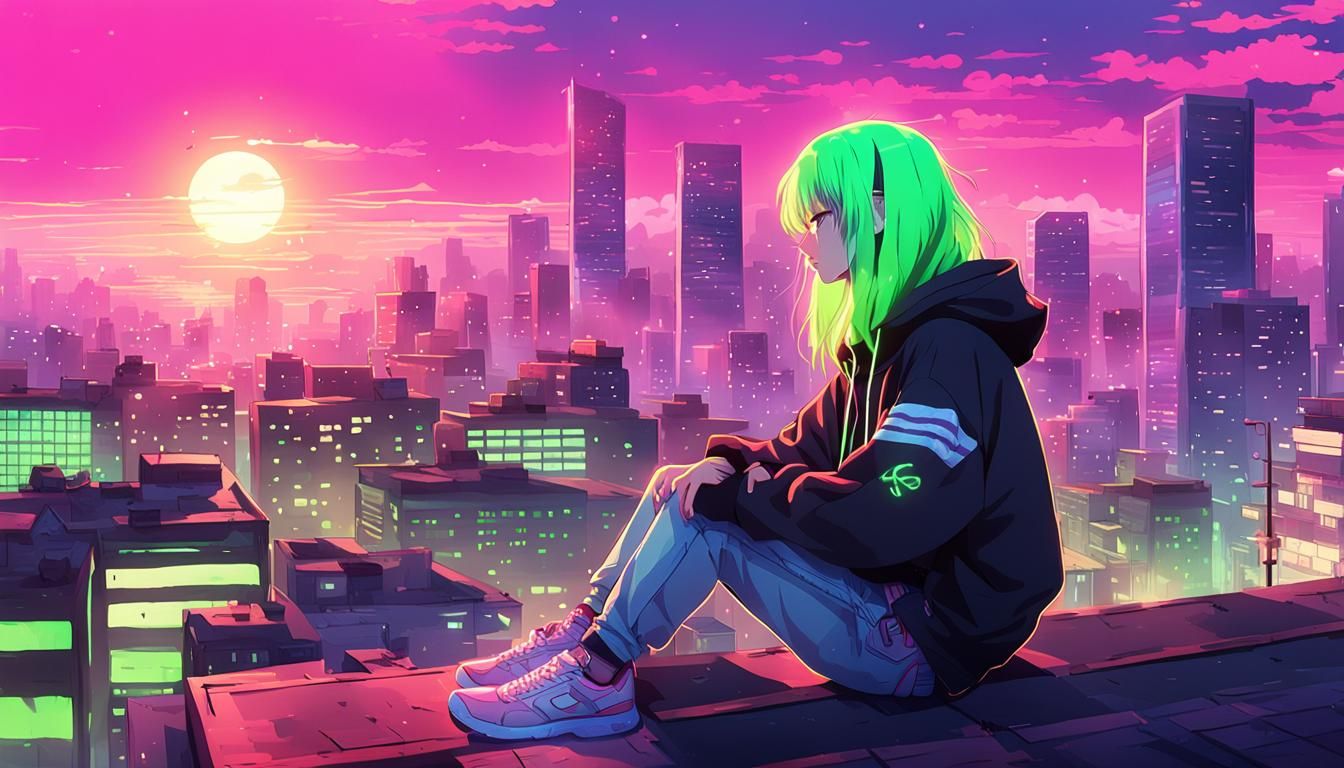 Anime Girl in Neon Cityscape with Pink Flare