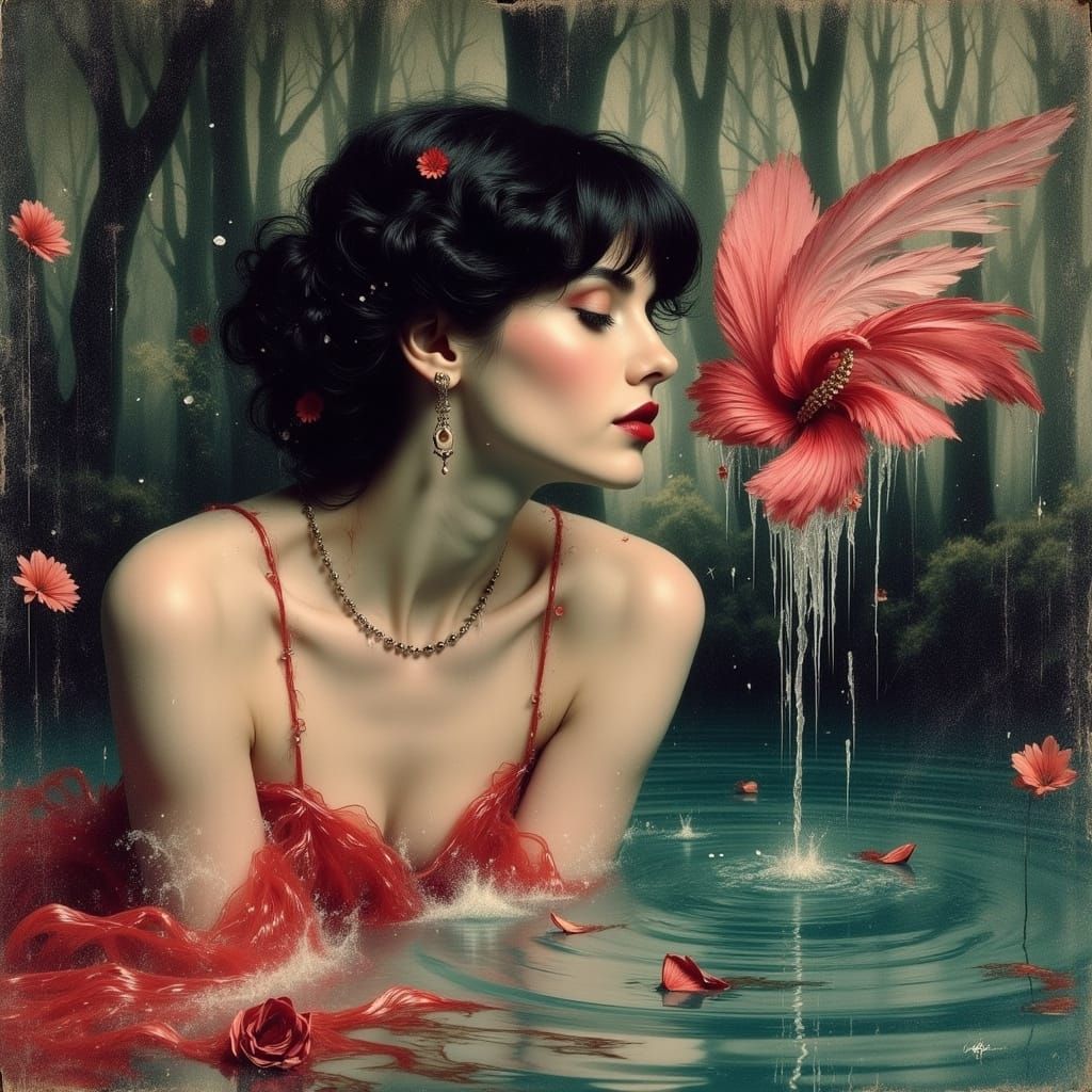 Elegant Woman Reaching for Rose, Art Nouveau Style