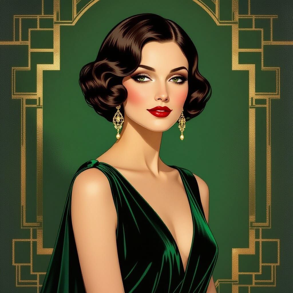 Sophisticated Woman in Art Deco Emerald Gown