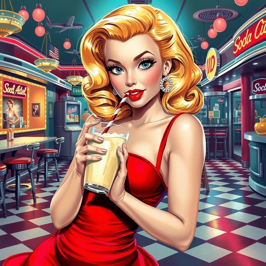 Vintage Pinup Girl in Soda Shop, Elvgren Style