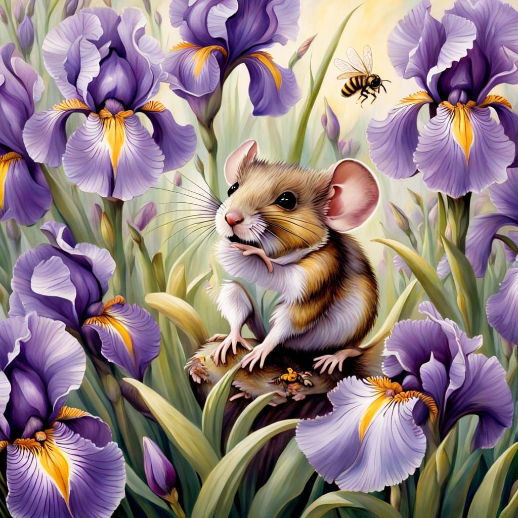 Cute Mouse Nests in Purple Iris with Honey Bee