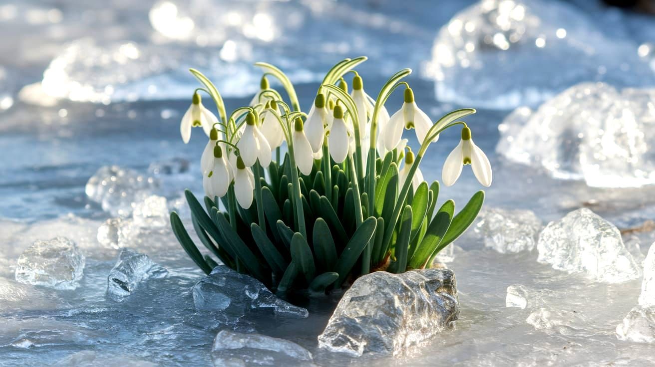 Delicate Snowdrops Emerge in Icy Spring Landscape