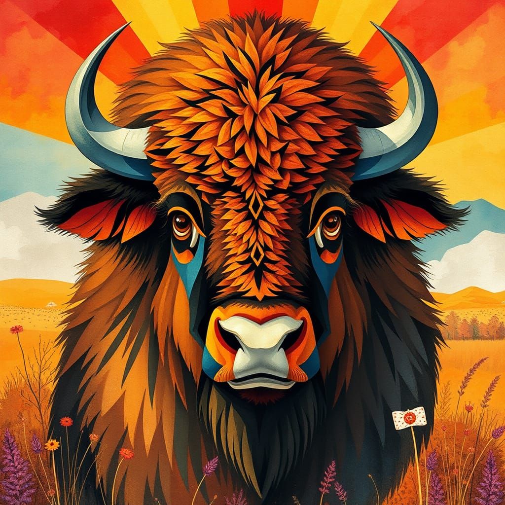Abstract Art Deco Bison on a Sunny Day