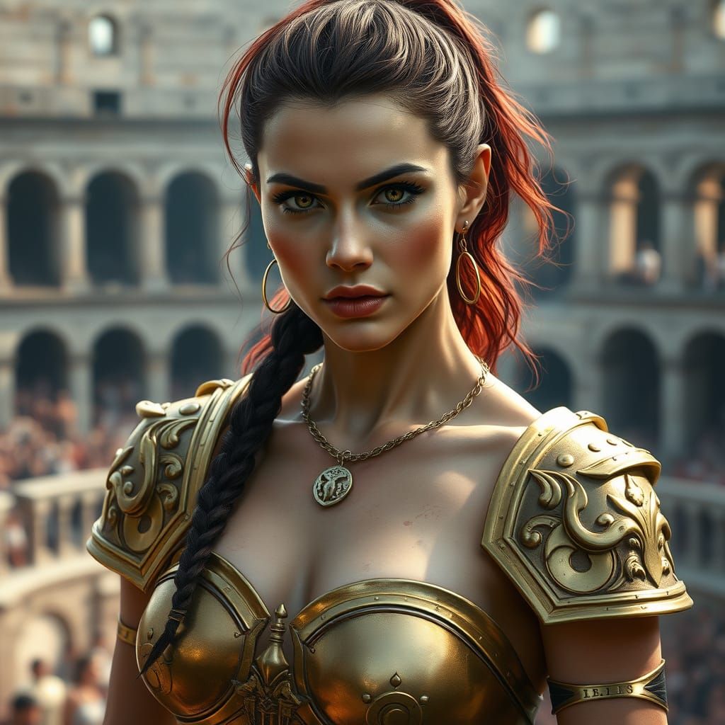 Victorious Gladiatrix in Roman Coliseum, Photorealistic Art