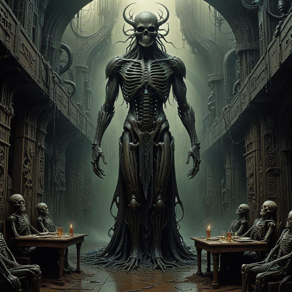 Surreal Biomechanical Cafe Interior With Skeletal Furniture