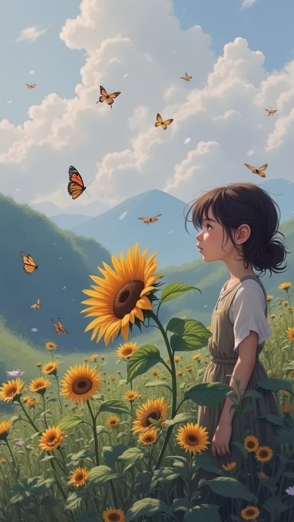 Fantastical Watercolor Scene of Young Girl in Sunflower Mead...