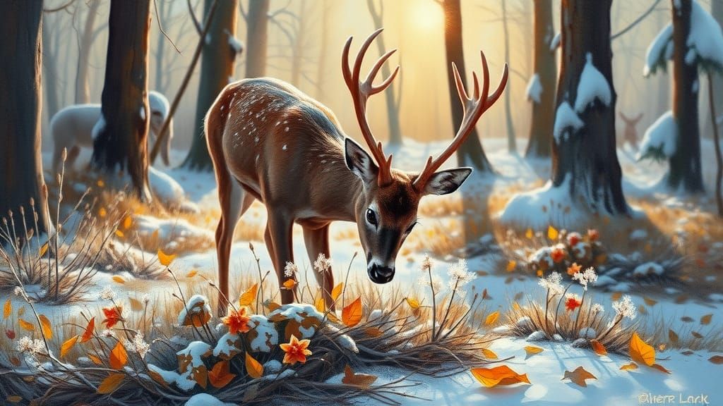 Deer Grazing Among Frozen Flowers as Impasto Painting