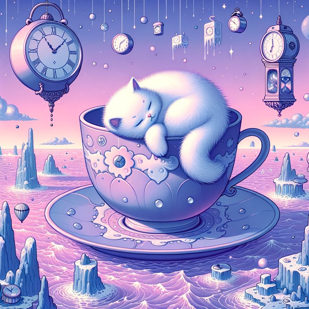 Surreal Teacup Cat in Dreamy Lavender Sky
