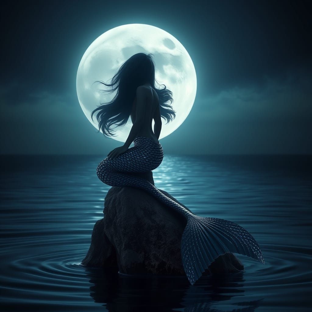 Mermaid Silhouette in Moonlit Sea