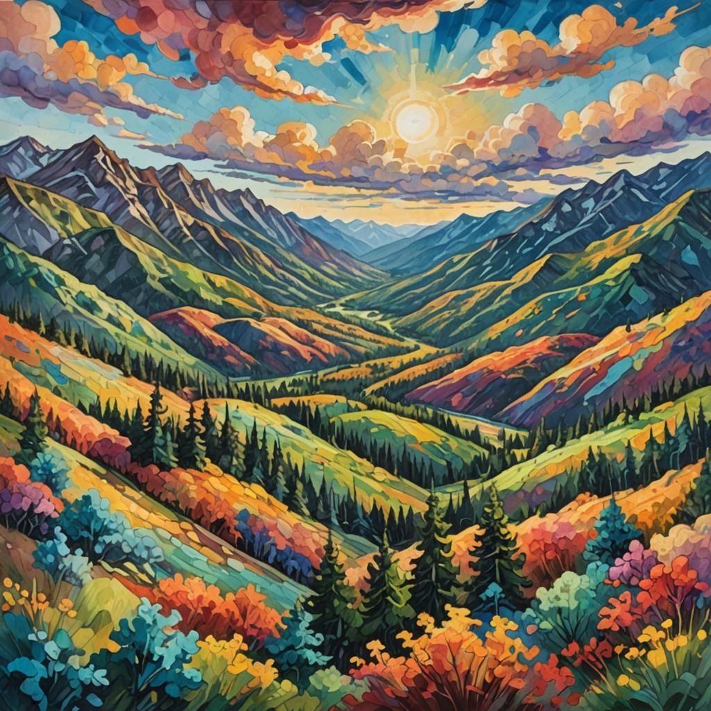 Impressionist Landscape with Swirling Sky in Gouache