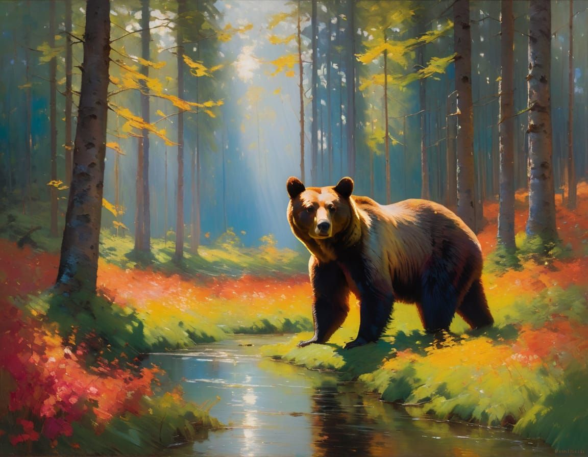Vibrant Forest Bear Painting with Visible Brushstrokes