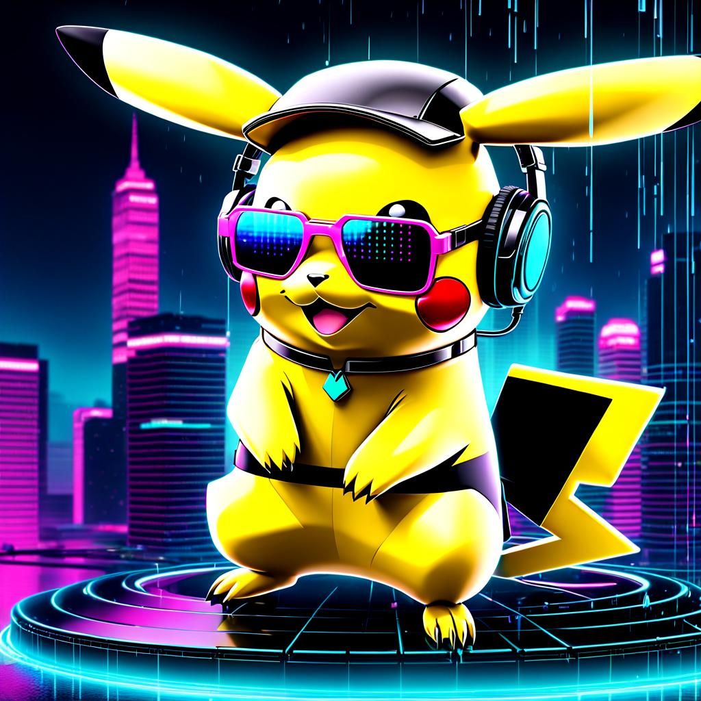 Pikachu in Chromatic Cyberpunk Retrofuturistic Style