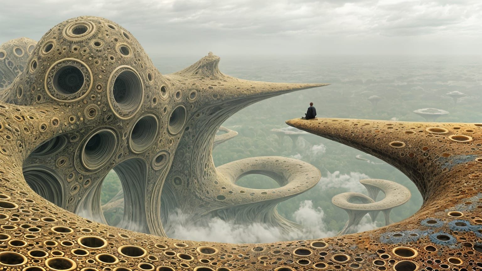 Escher-Inspired Surreal Landscape with Fractals and a Lone F...