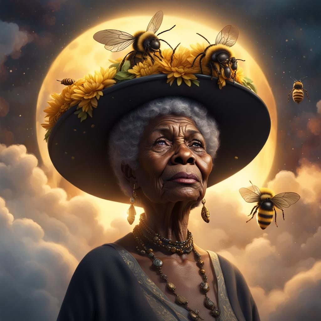 Elderly Woman with Bee Hat, Fantasy Art