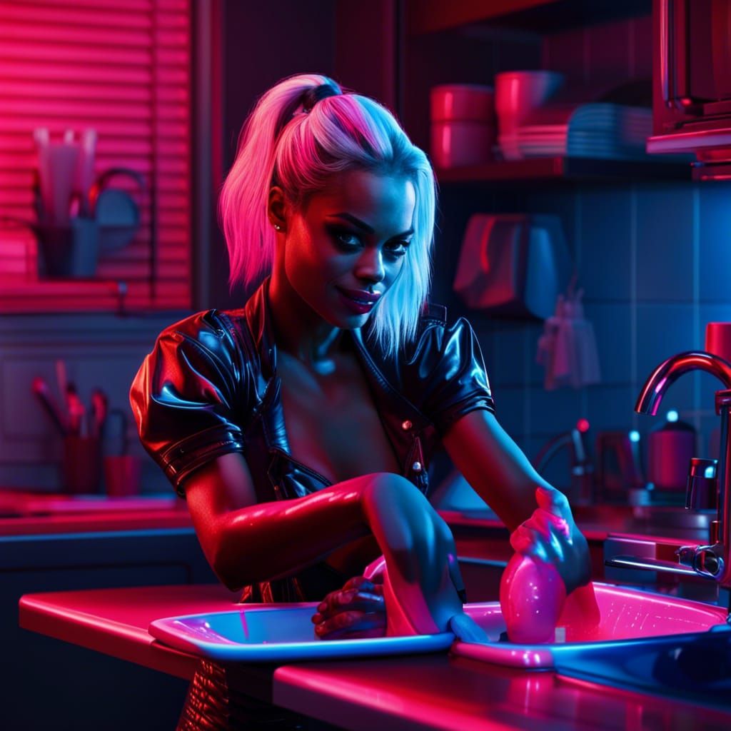 Neon Harley Quinn Washing Dishes Portrait
