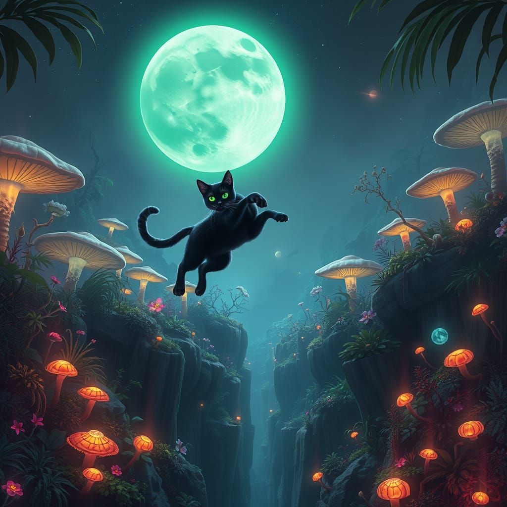 Bioluminescent Cat Leaps in Alien Jungle