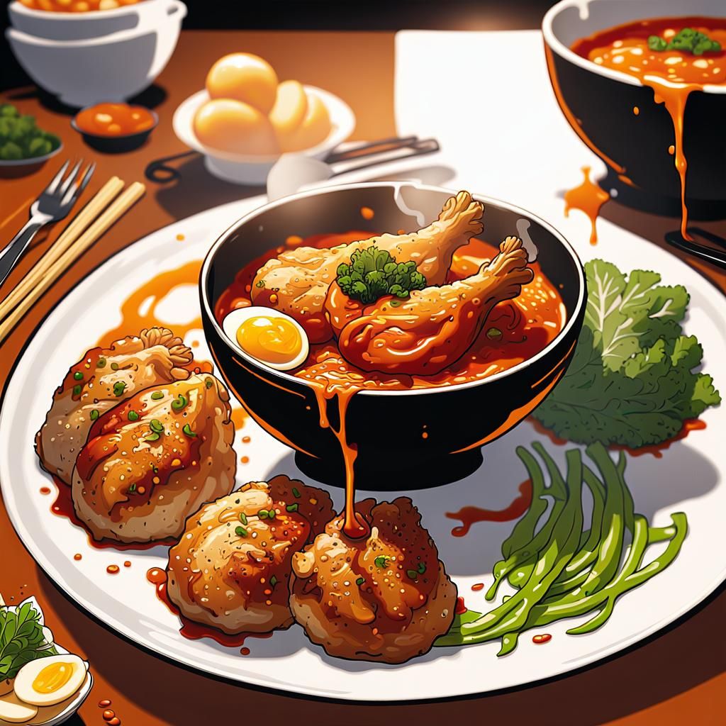Appetizing Chicken and Noodle Dish in Golden Light