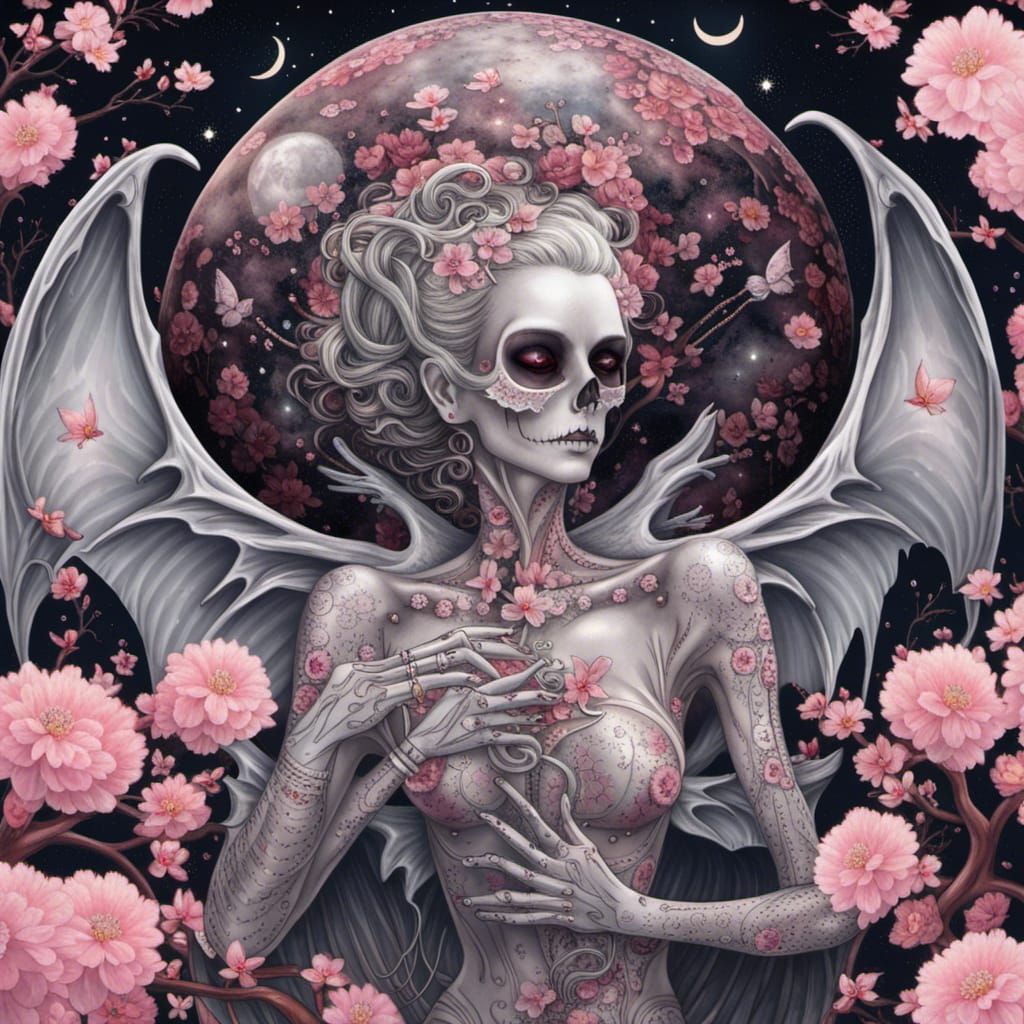 Cherry Blossom Fairy with Bat Wings in Dreamcore Style