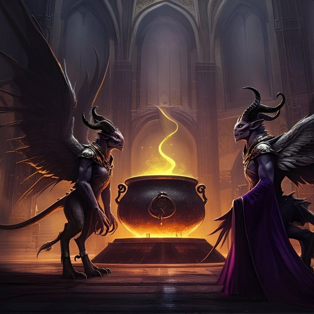 Winged Creatures Gaze at Cauldron in Palace Chamber