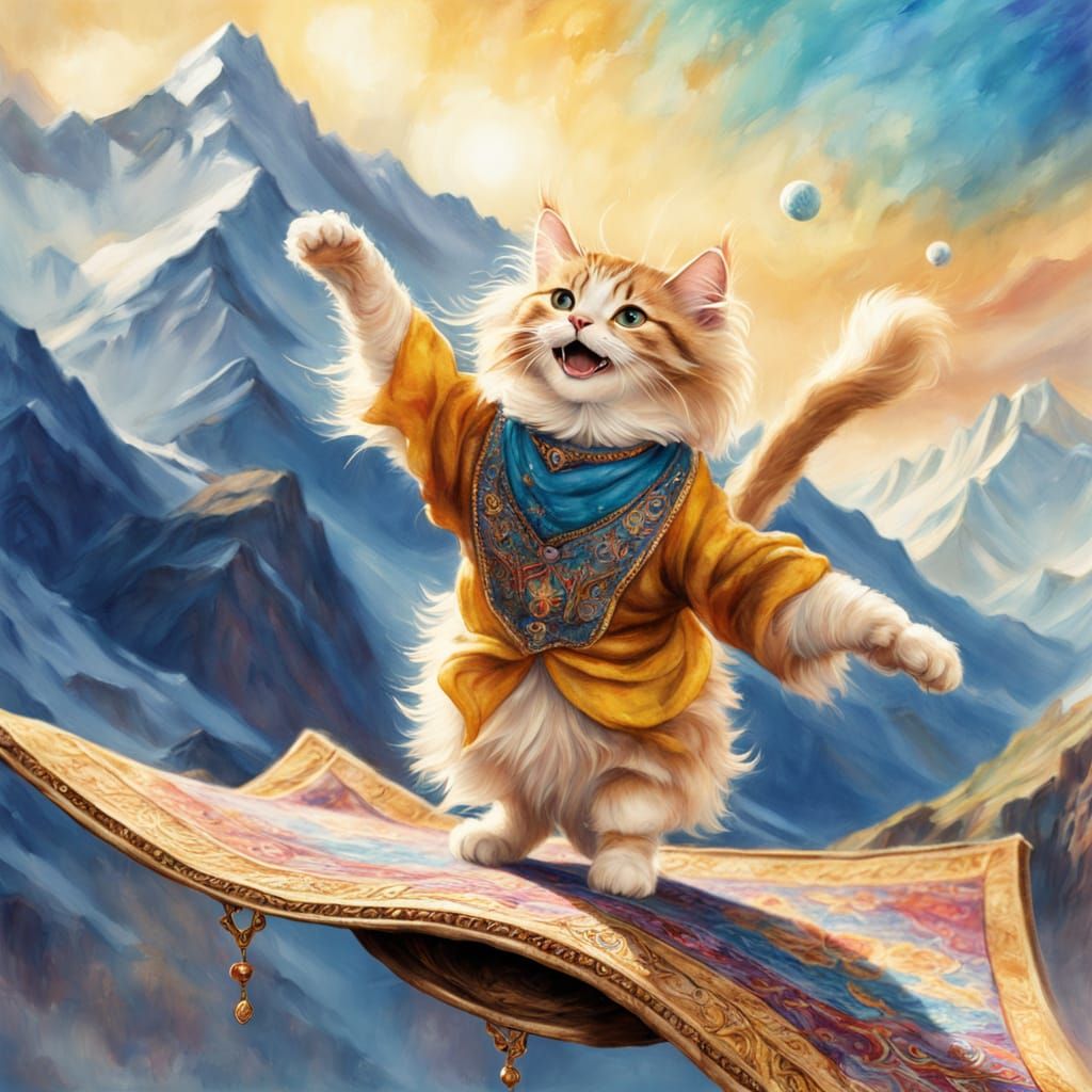 Cat Juggling on Magic Carpet in Watercolour Style